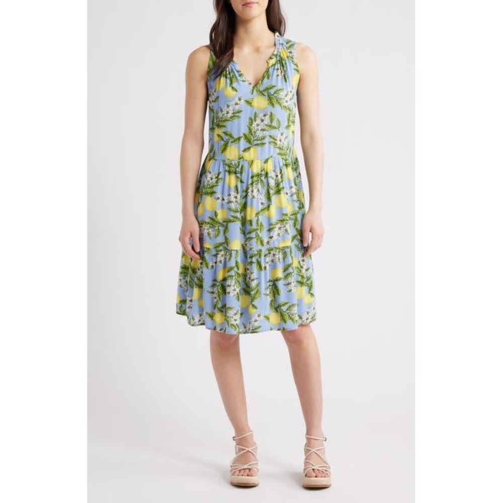 BeachLunchLounge Lemon‎ Print Midi Dress Blue Floral Sleeveless Soft Size Small